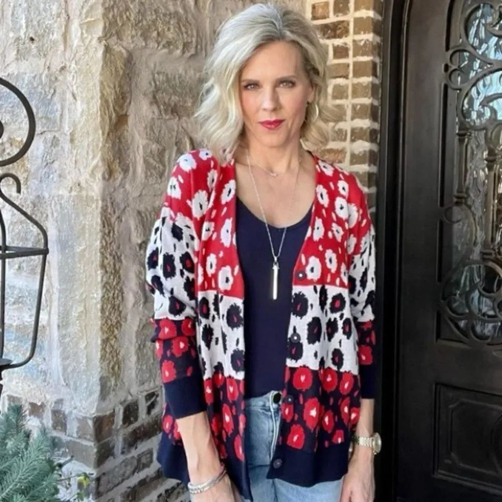 CAbi Women's Red, White and Blue Patterned Upbeat Cardigan